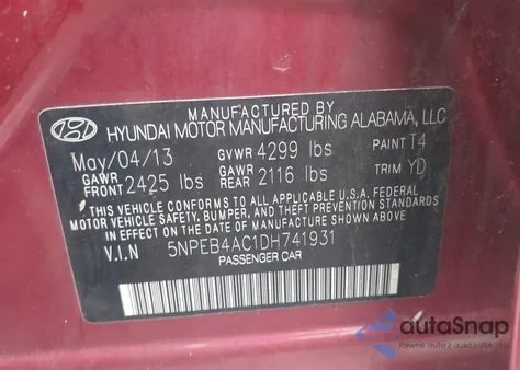 2013 Hyundai Sonata Gls from USA, damaged, VIN 5NPEB4AC1DH741931